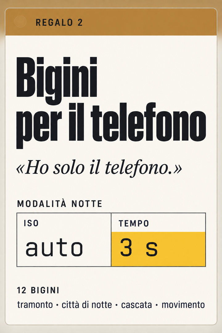 Regalo 2: Bigini per il telefono – 12 bigini con i numeri per la modalità Pro e notte del telefono, per le scene più comuni: tramonto, città di notte, cascata, movimento