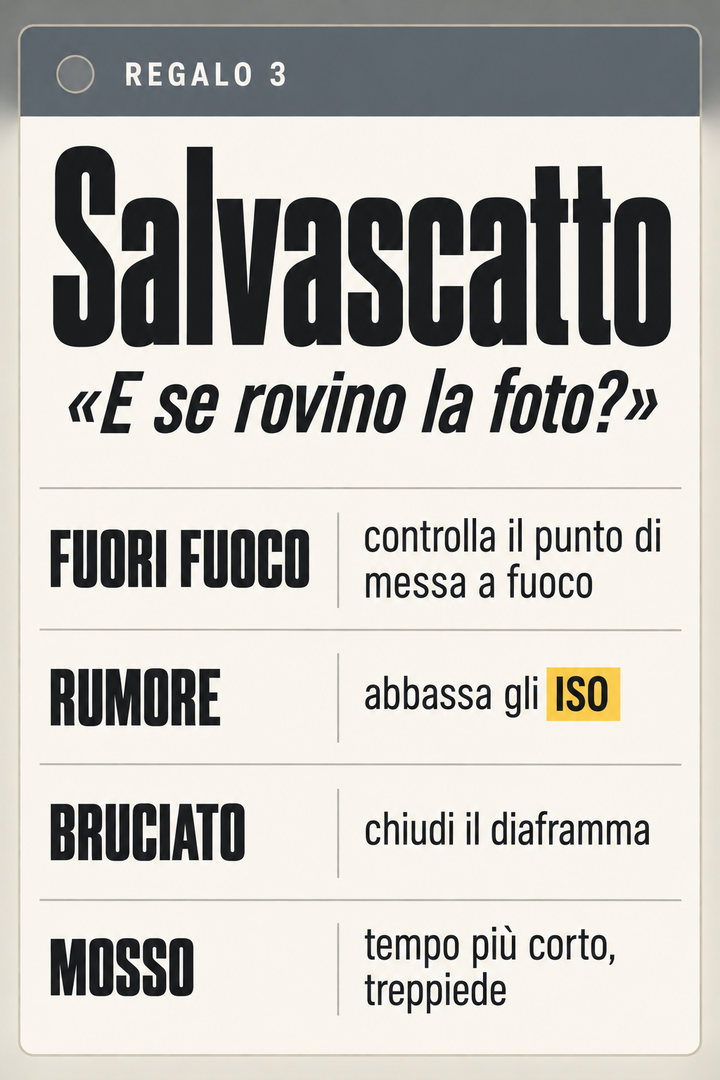 Regalo 3: Salvascatto – pagina da zaino: fuori fuoco → cosa controllare, rumore → cosa abbassare, bruciato → cosa correggere, mosso → cosa accorciare