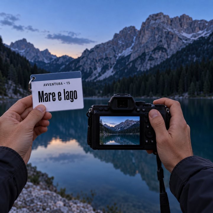 Mani che tengono una fotocamera davanti al Lago di Braies, dopo il tramonto; nell'altra mano un bigino Mare e lago