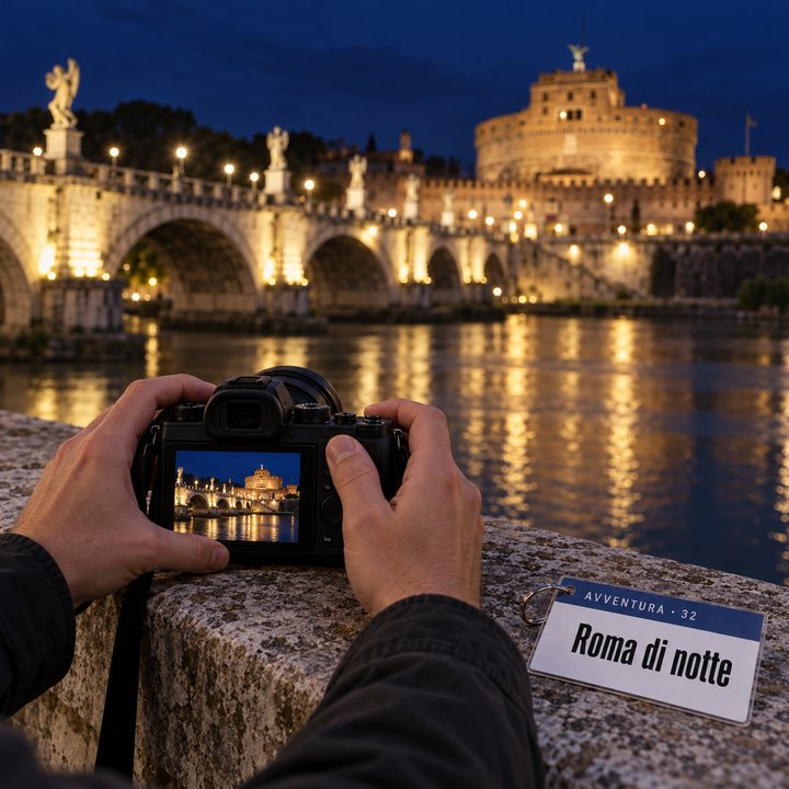 Mani che appoggiano la fotocamera a un parapetto di pietra sul Tevere, sullo sfondo Ponte Sant'Angelo illuminato, accanto il bigino Roma di notte
