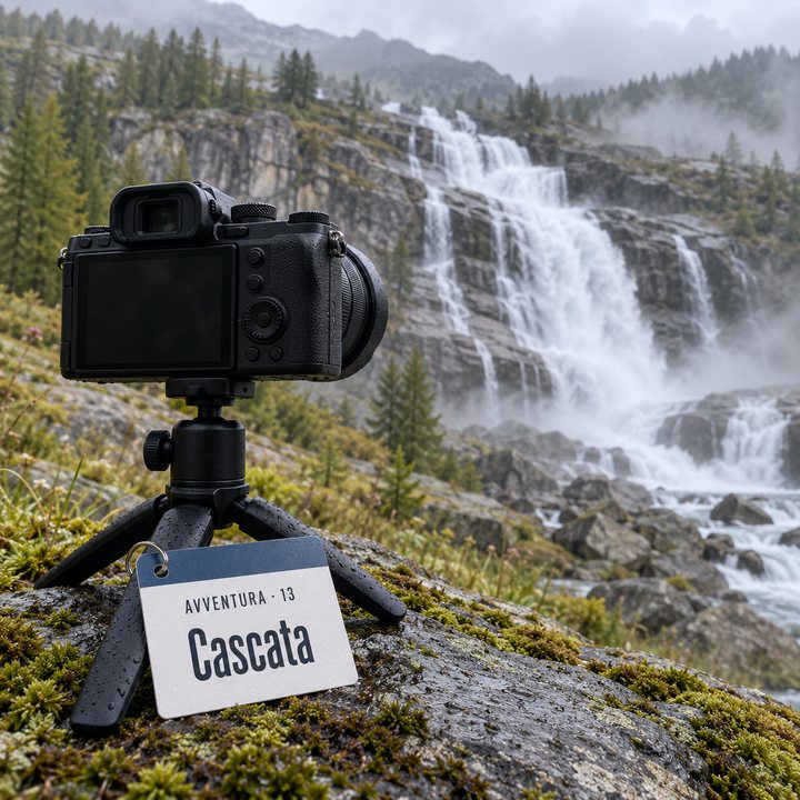 Fotocamera su un piccolo treppiede accanto alla Cascata del Toce, appoggiato alla gamba il bigino Cascata