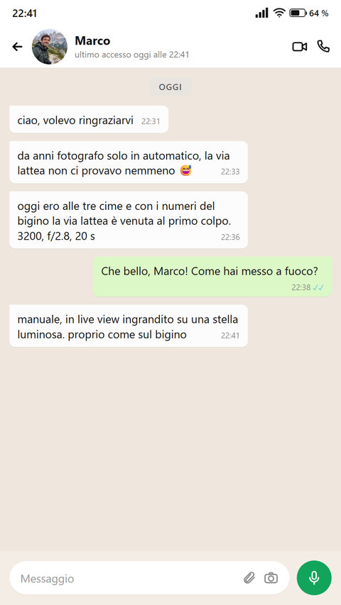 Un fotoamatore scrive che la Via Lattea gli è riuscita al primo colpo con i numeri dei bigini