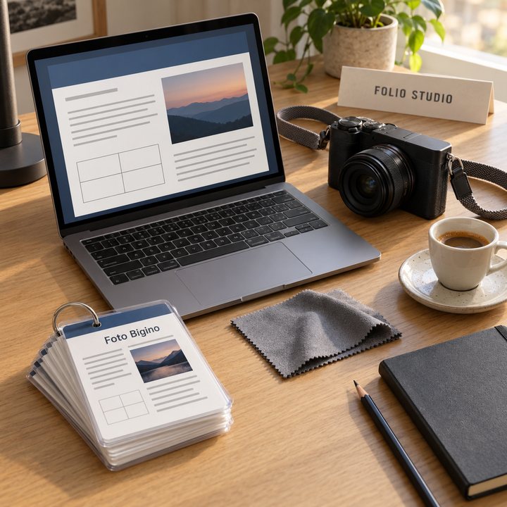 Scrivania di Folio Studio: portatile, bigini su un anello, fotocamera e quaderno