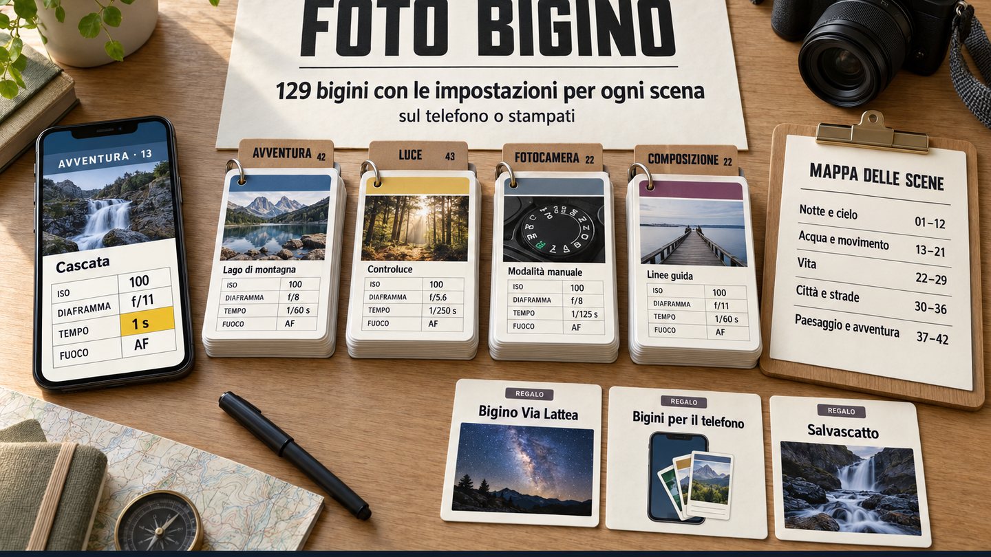 Tutto il kit sul tavolo: telefono con un bigino, 129 bigini divisi per scena, la Mappa delle scene e 3 regali accanto a una fotocamera