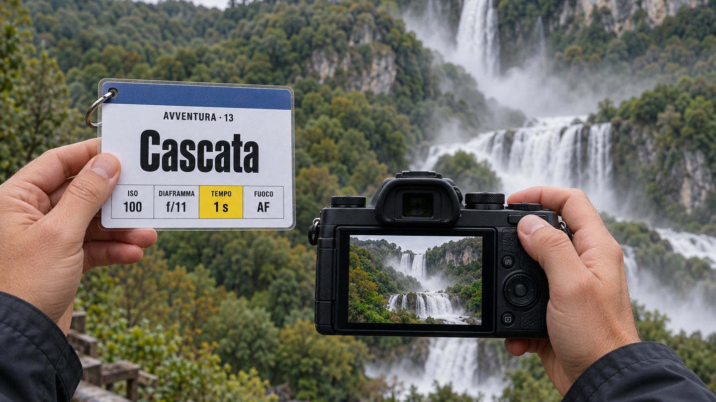 Mani che tengono una fotocamera davanti alla Cascata delle Marmore, nell'altra mano un bigino «Cascata» con quattro numeri