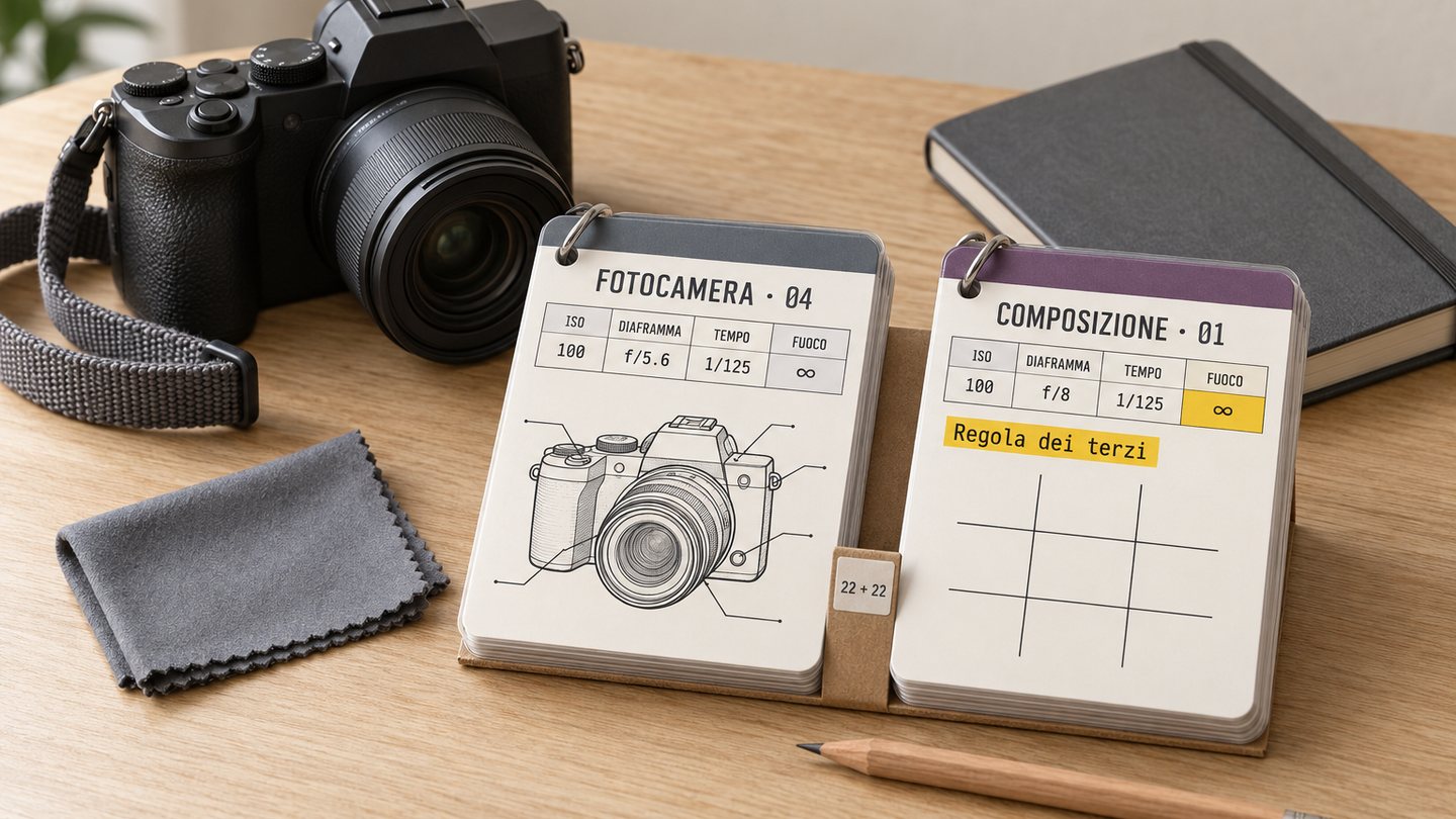 44 bigini Fotocamera e Composizione: due pile di bigini su fotocamera e composizione sul tavolo